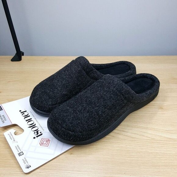 ISOTONER Slippers Mens Size 9.5 10.5 Gray Slip On Open Back Plush Memory Foam - Picture 1 of 6